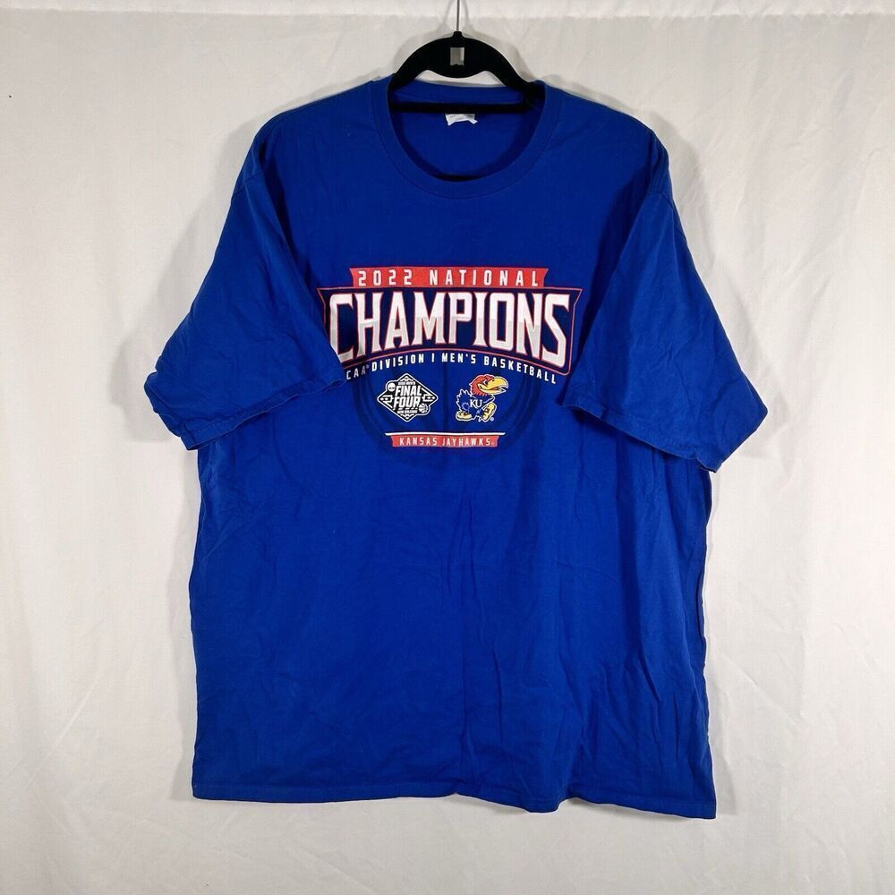 KU Jayhawks Shirt Unisex 2XL Blue 2022 Champions Short Sleeve Crew Neck Cotton